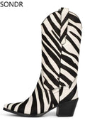 Women's Western Pointed Toe Real Horse Fur Mid Calf Boots Chunky Heel Genuine Leather