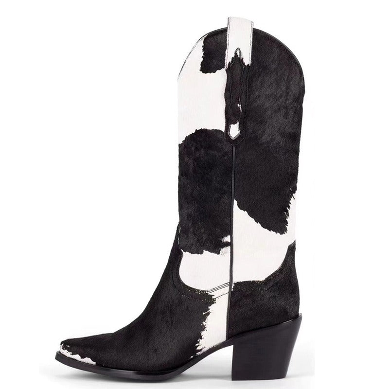 Knee-High Elastic Rider Round Heel Square Toe Western Boots Women's Boots