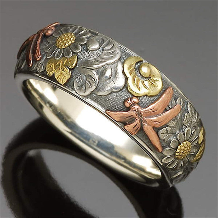 Personality Vintage Glyph Ring Flower Dragonfly Animal Women Rings