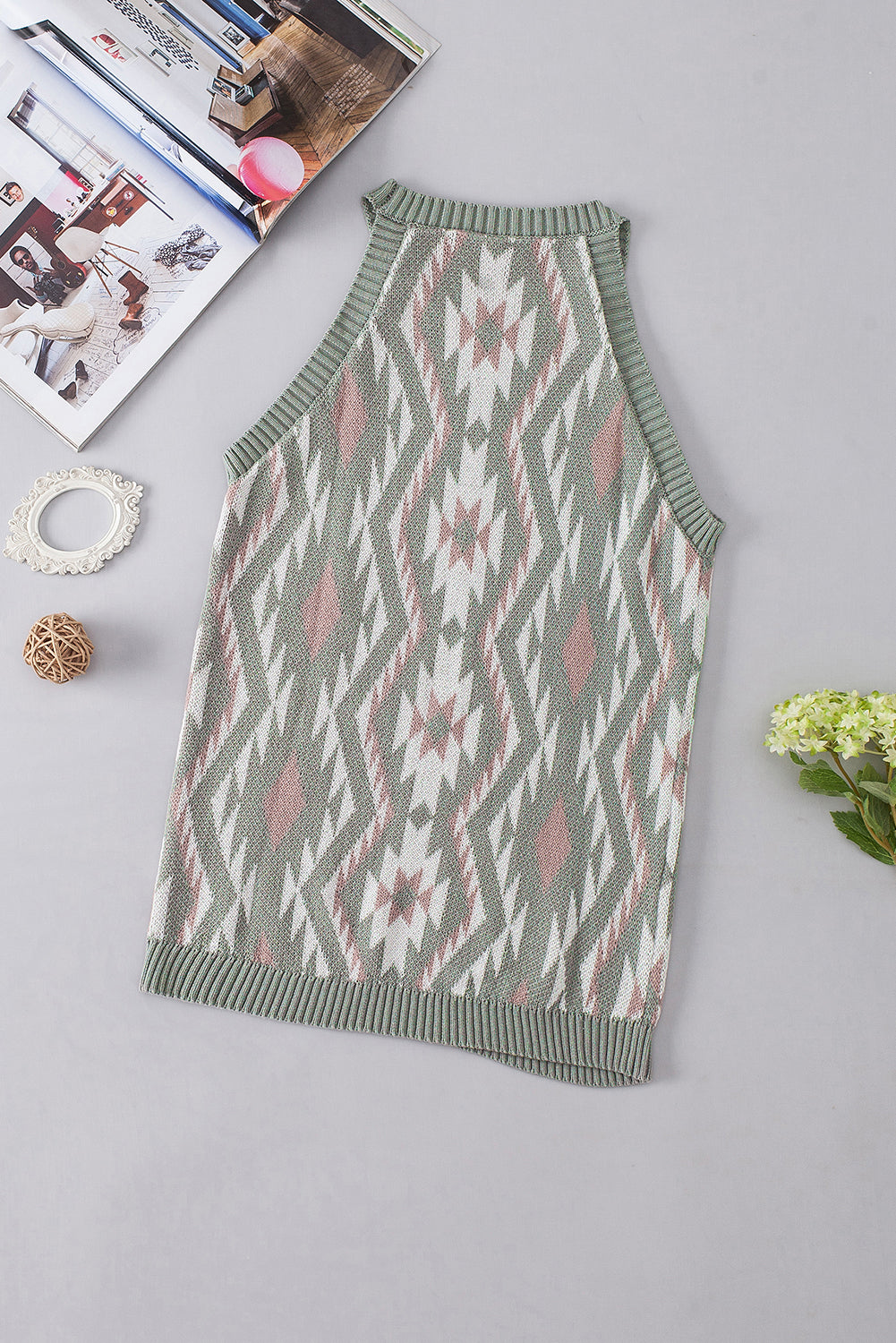 Women's Laurel Green Western Tribal Aztec Pattern Knit Sweater Tank Top