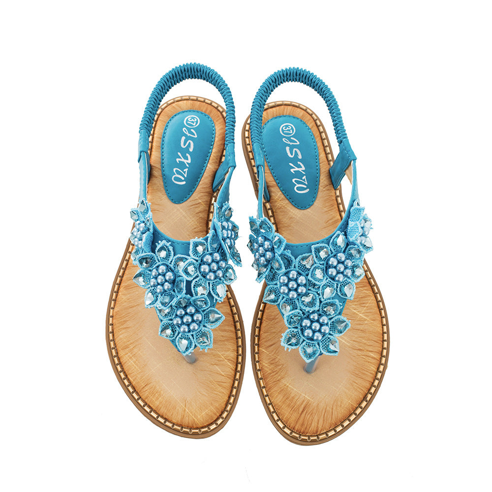 Summer New Bohemian Style Handmade Flower Round Toe Sandals Women's Fashion All-Match Trend Sandals