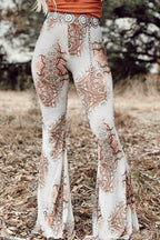 Women's White Western Vintage Print High Waist Bell Pants
