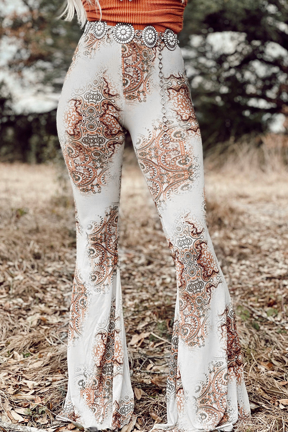 Women's White Western Vintage Print High Waist Bell Pants