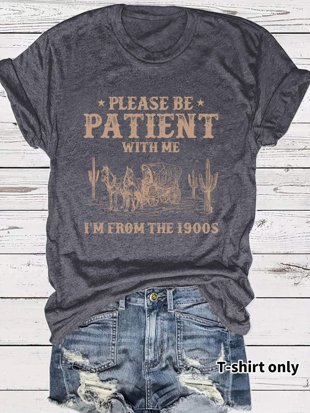 Western denim pattern round neck short sleeved T-shirt