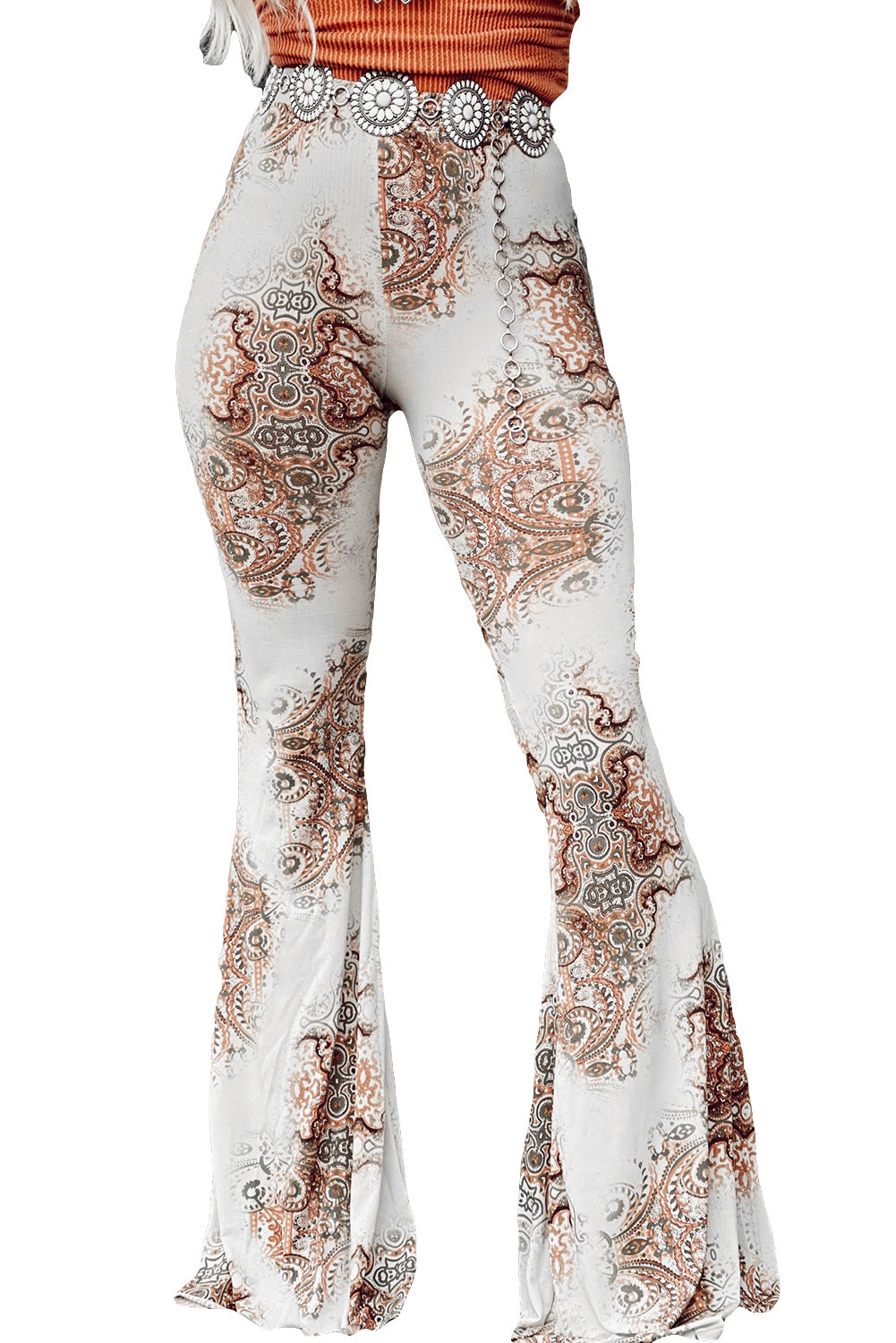 Women's White Western Vintage Print High Waist Bell Pants
