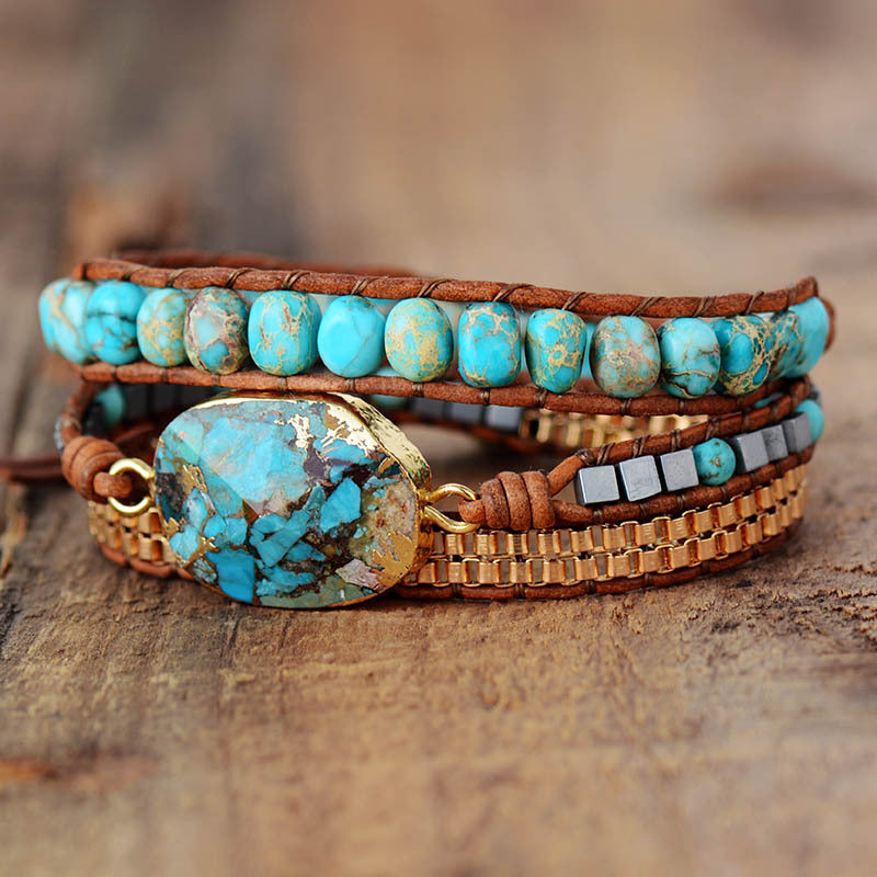 Boho Cut Corner Turquoise Bracelet Jewelry Triple Wrap Hand Braided Leather Cord Bracelet