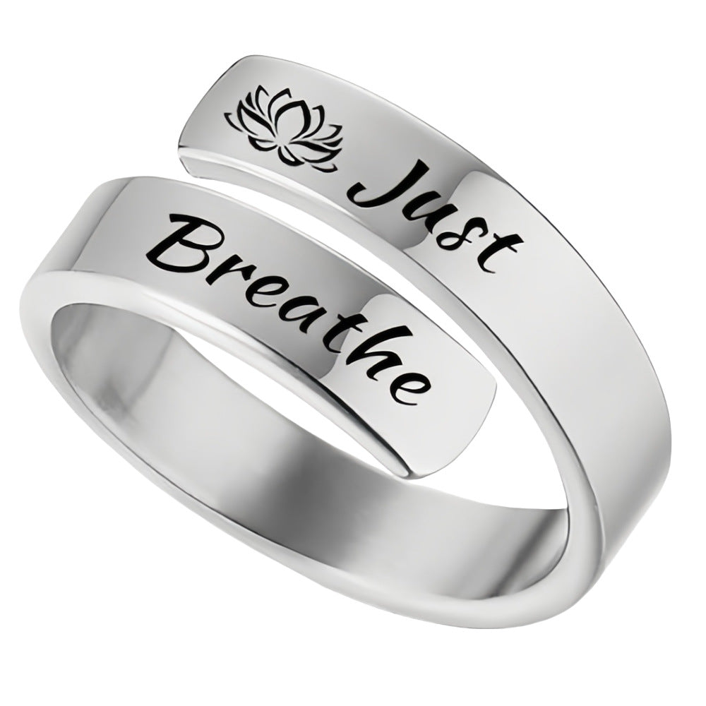 Women's Open mouth jewelry. Just Breathe letter ring engraved titanium steel jewelry Adjustable