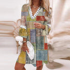 V-Neck Printed Lace Stitched Bohemian Dress