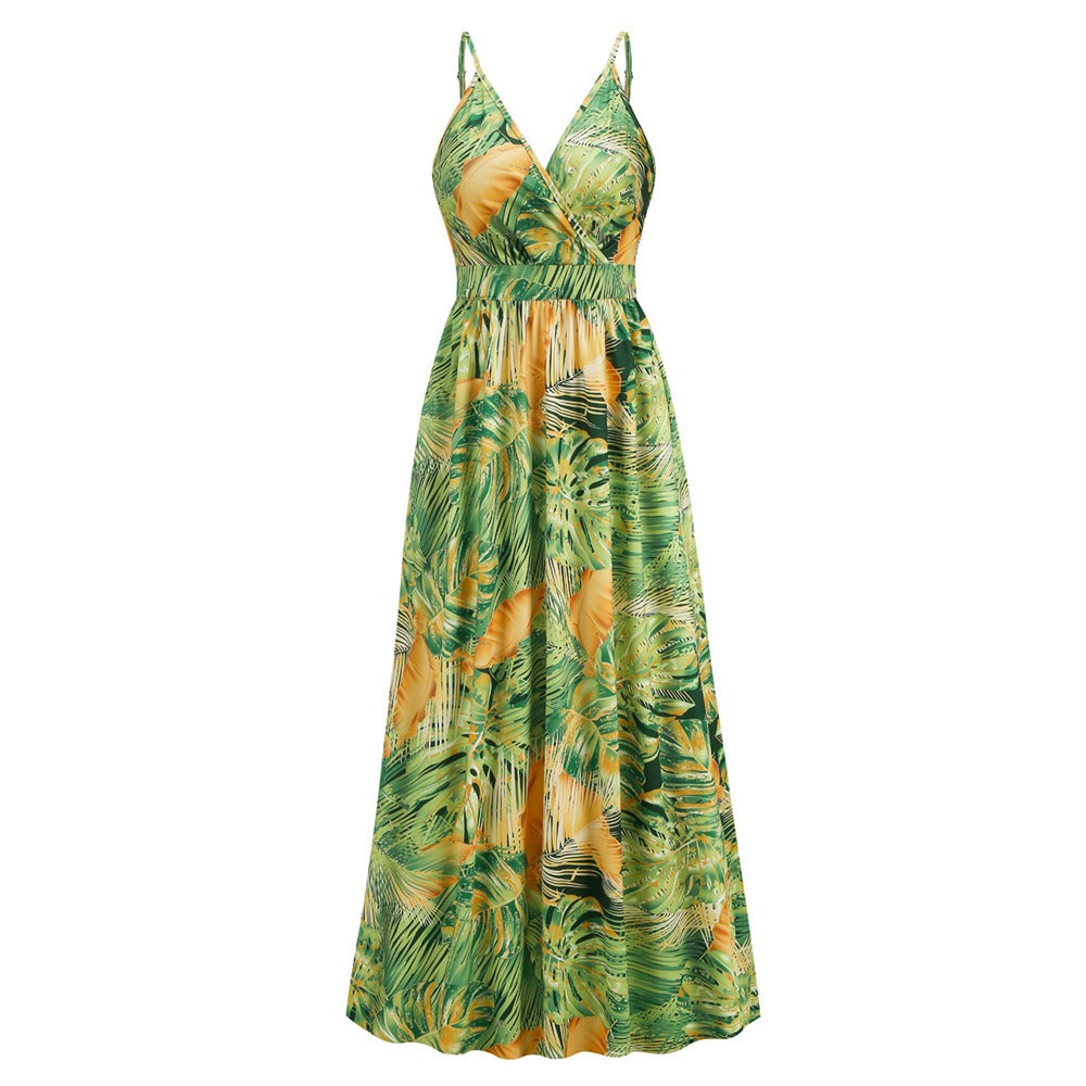 Bohemian printed long skirt with V-neck strap dress