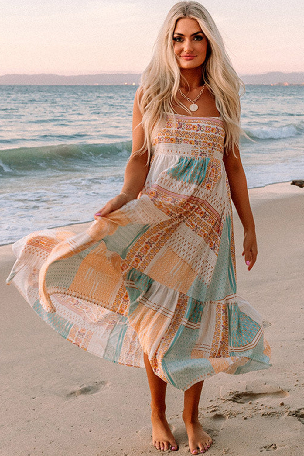 Women's Multicolor Boho Patchwork Print Square Neck Sundress