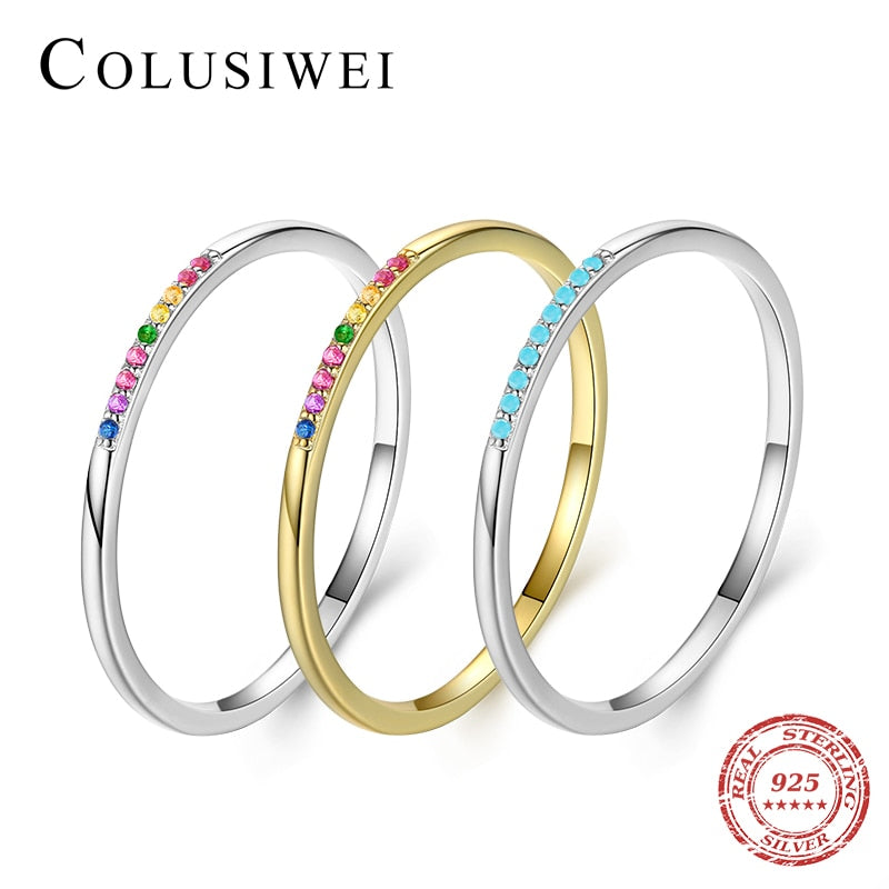 Stackable 925 Sterling Silver Pave Rainbow CZ Rrings Fashion Blue Turquoise Rings for Women Wedding Statement Jewelry