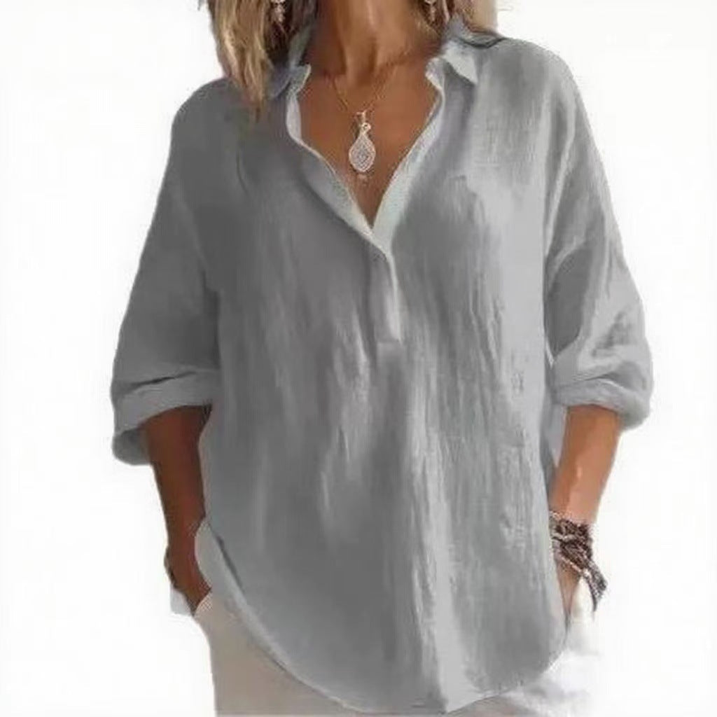 Casual Loose Plus Size V-Neck Long Sleeve Solid Color Shirt for Women