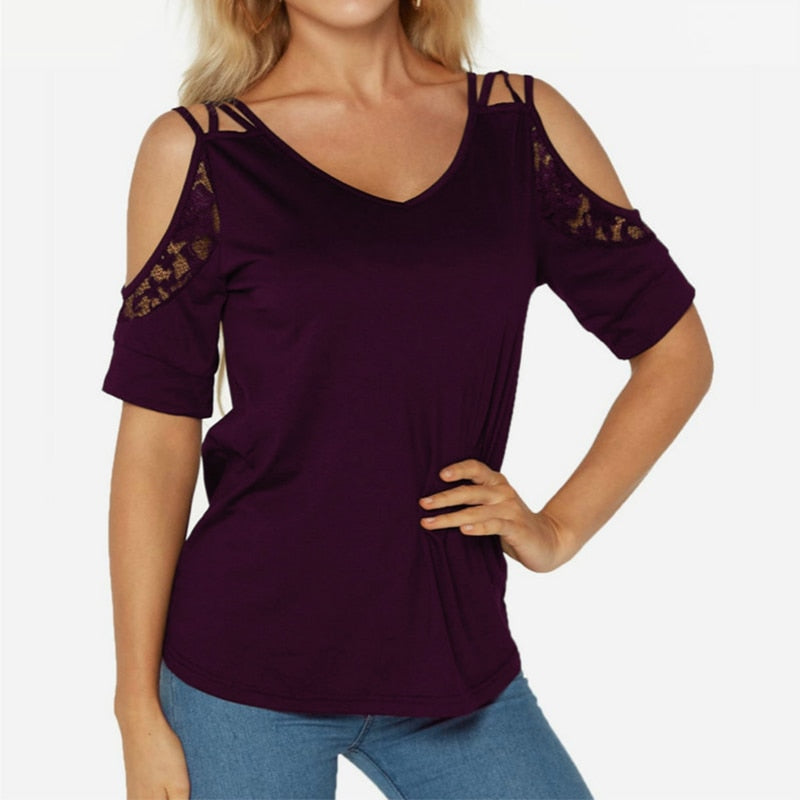 Women's Off The Shoulder T Shirt Summer New Chic Simple Solid Color V-Neck Lace Short Sleeve Plus Size Casual Clothes Y2k Top