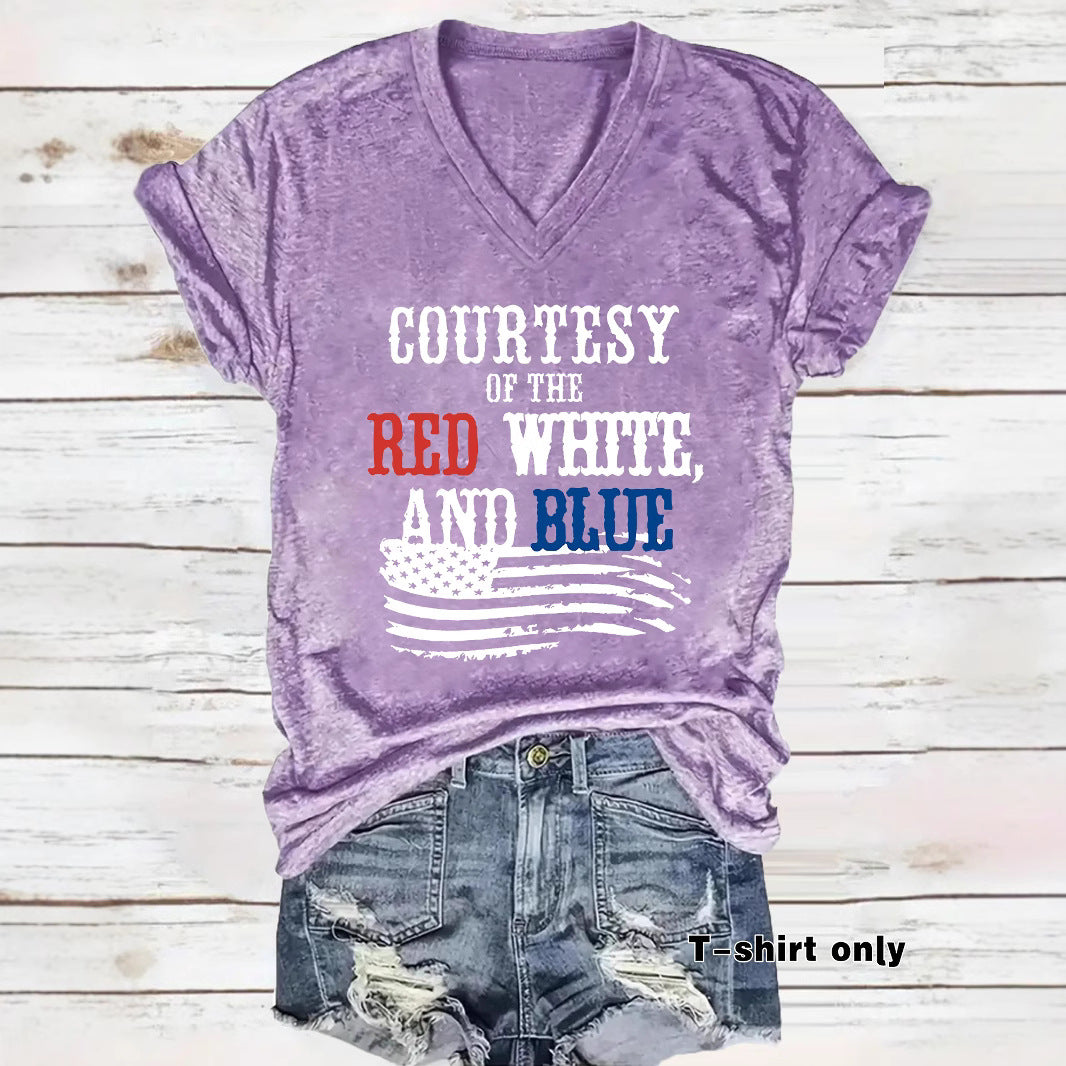 Patriotic Print V-Neck Pullover Short Sleeve