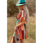 Bohemian Colorful Striped Pleated Flared Short Sleeve Dress