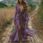 Bohemian Print V-Neck Long Sleeve Dress Country Style, Loose Fit, Casual Wear