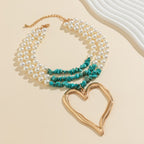 European and American retro multi-layered big love turquoise necklace niche beaded imitation pearl jewelry