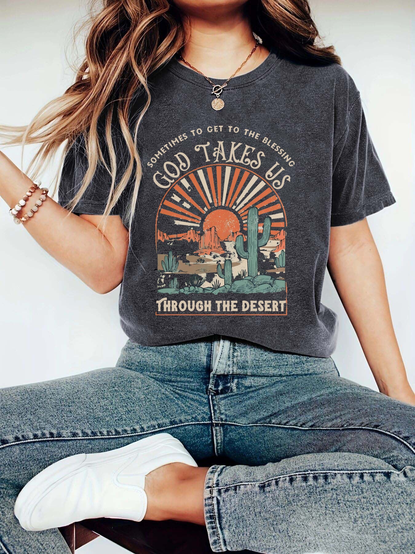 Western Jesus pattern printed round neck short sleeved T-shirt