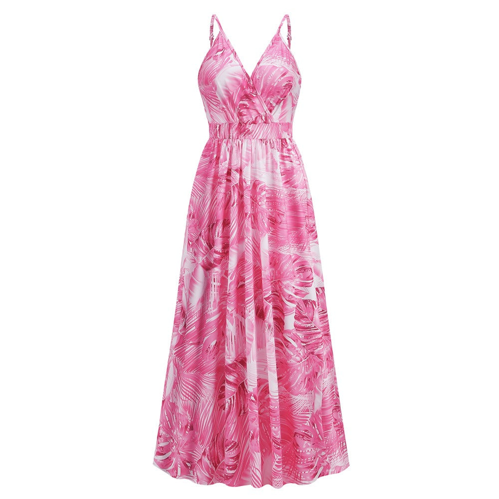 Bohemian printed long skirt with V-neck strap dress