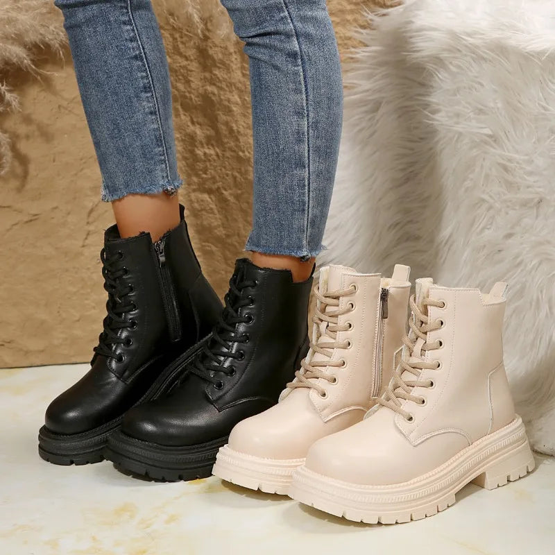 Women's thick -soled boots fashion ladies ankle boots Women's leather round head -lap combat boots black thick solid shoes