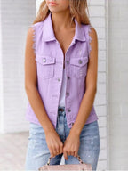 Women's Button Down Raw Hem Sleeveless Denim Jacket Vest