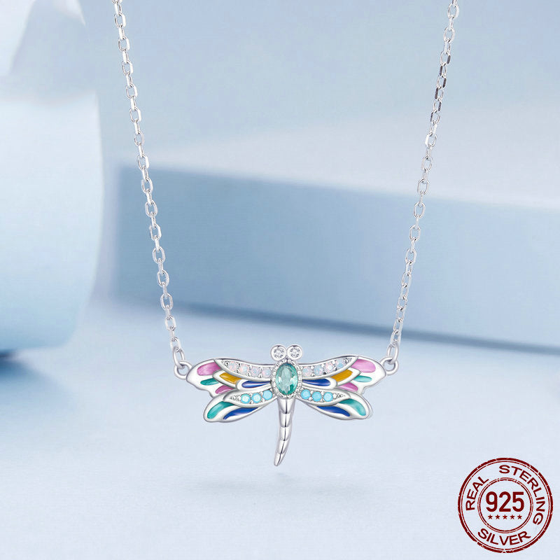 Women's Colorful Delicate Dragonfly Necklace for Women Sterling Silver