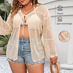 Hollow Knit Cardigan Summer New Plus Size Solid Color Vacation Knit Top