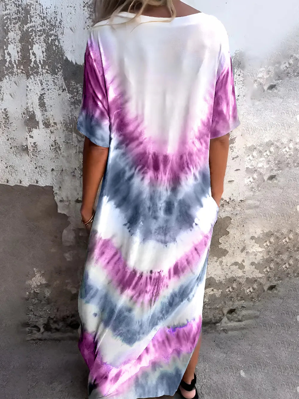 Full Size Pocketed Tie-Dye Short Sleeve Maxi Dress