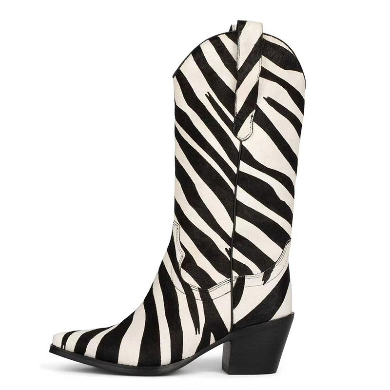Knee-High Elastic Rider Round Heel Square Toe Western Boots Women's Boots