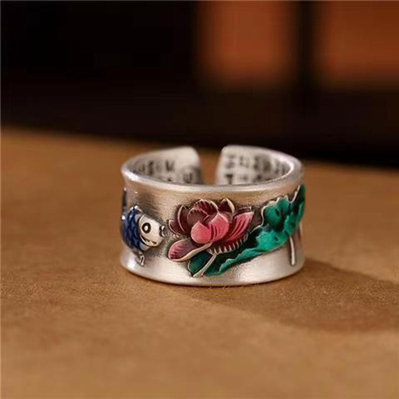 New Jewelry Silver-Plated Lotus Heart Sutra Ring Retro Ethnic Style Carp Lotus Flower Wide Version