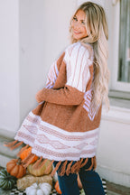 Women's Brown Western Furry Knit Tassel Hem Cardigan