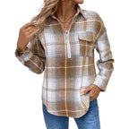 Vintage Casual Plaid Lapel Zipper Cardigan Shirt for Women