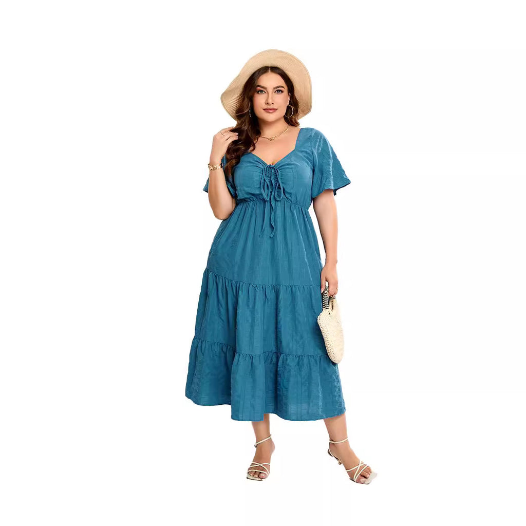 Women's V-neck High-Waist Long Dress Short Sleeve Plus Size Dress
