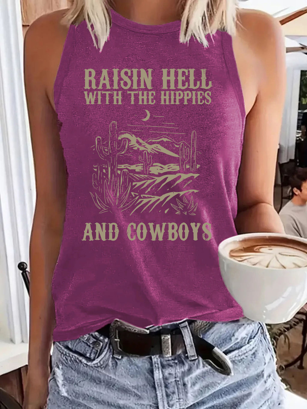 Western denim printed tank top