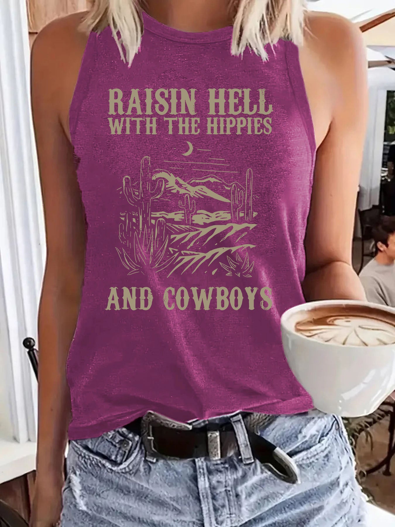 Western denim printed tank top