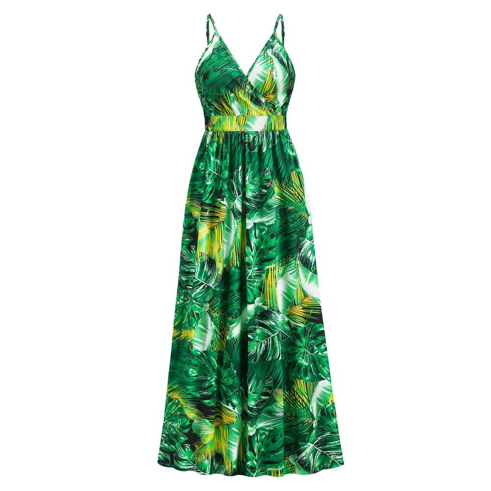 Bohemian printed long skirt with V-neck strap dress