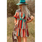 Bohemian Colorful Striped Pleated Flared Short Sleeve Dress