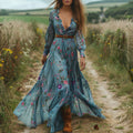 Women's Blue Floral V-Neck Long Sleeve Long Dress Country Cottage Vintage Dress