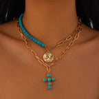 Fashionable multi-layer imitation turquoise necklace set with hexagonal star alloy geometric collarbone chain