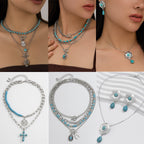 Fashionable multi-layer imitation turquoise necklace set with hexagonal star alloy geometric collarbone chain
