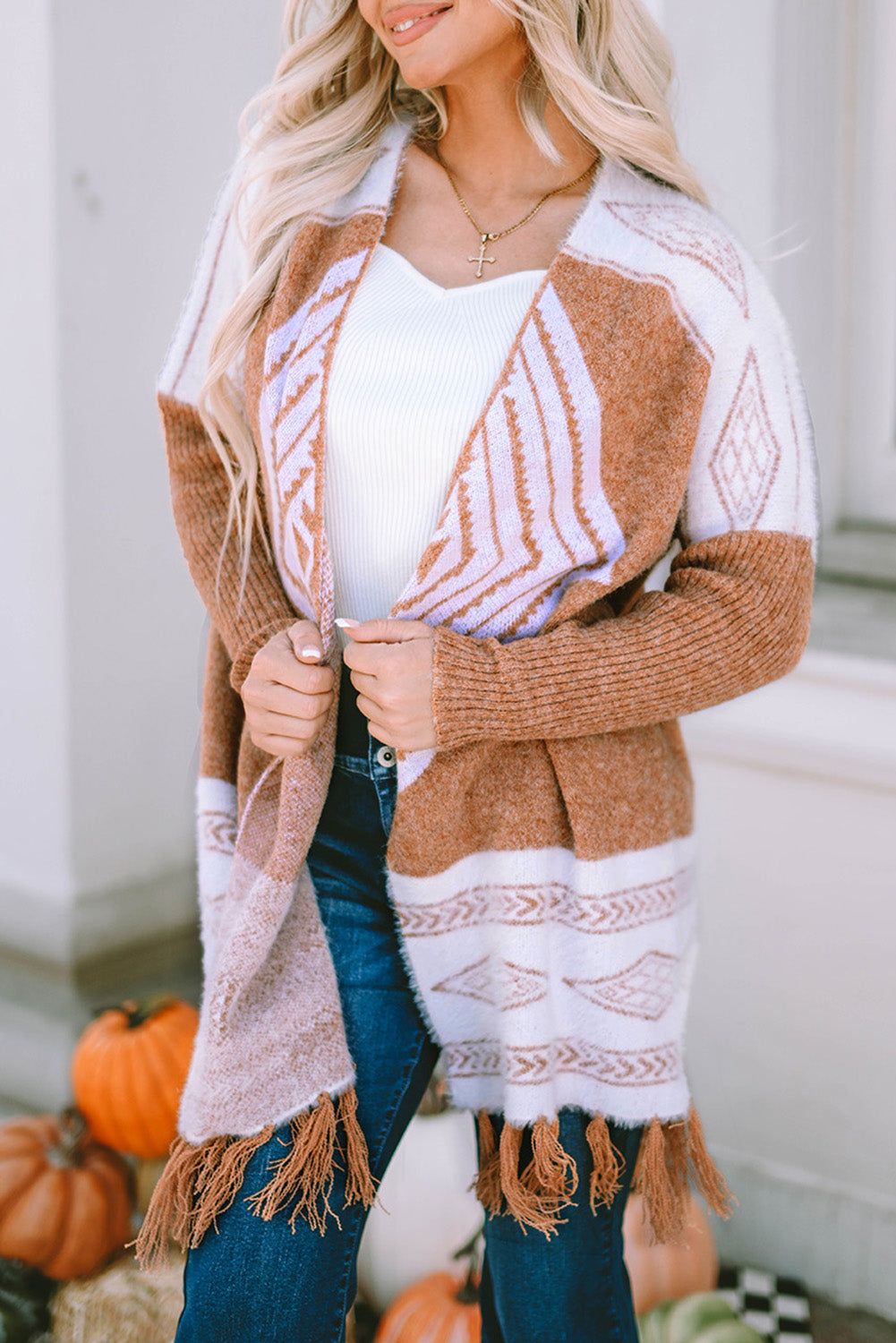 Women's Brown Western Furry Knit Tassel Hem Cardigan