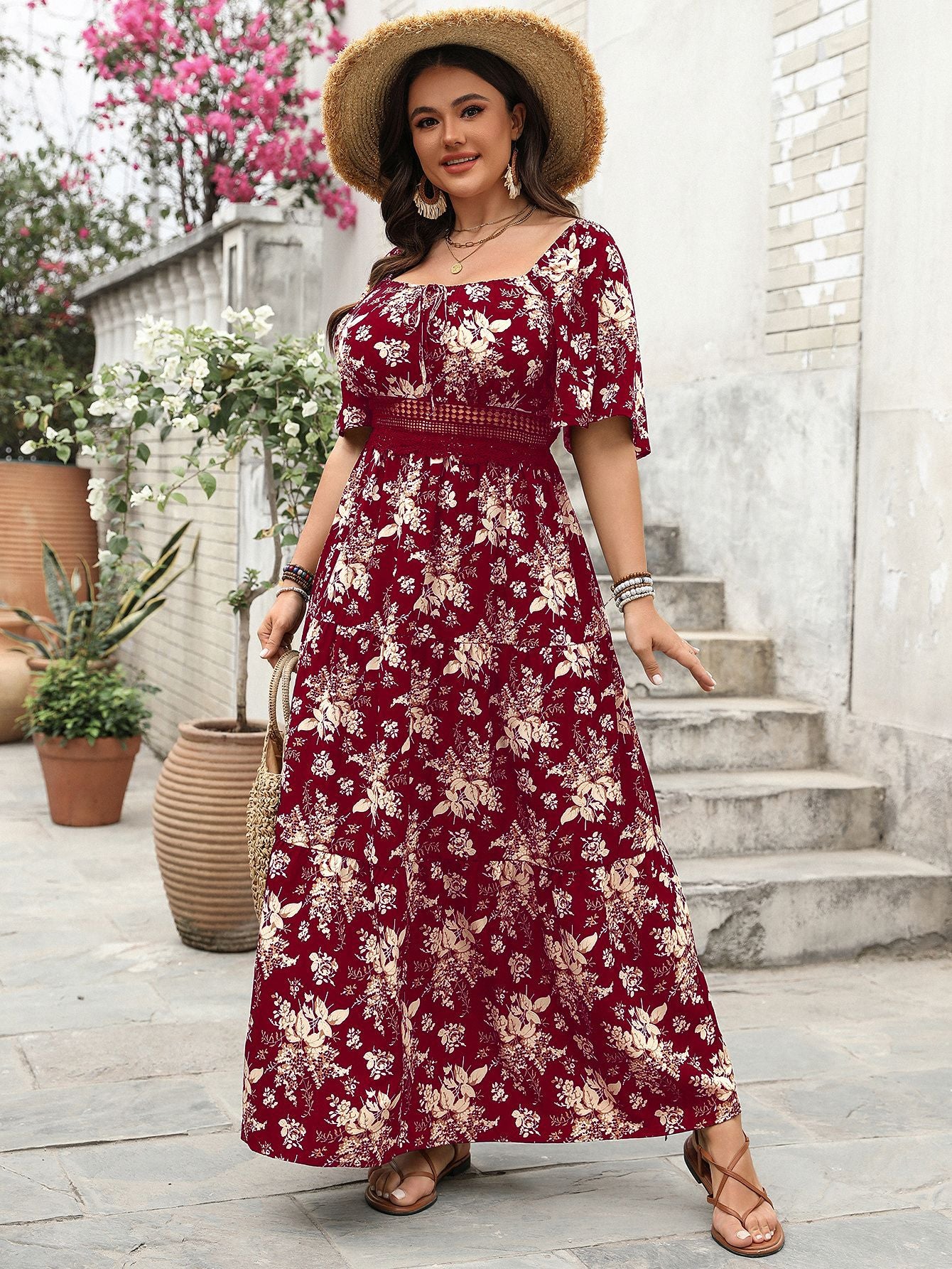 Vintage Square Neck Printed Plus Size Short Sleeve Dress