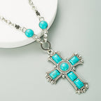 Retro Exaggerated Personality Cross-Shaped Necklace Women's Multi-Layer Alloy Inlaid Turquoise Sweater Chain Pendant Jewelry