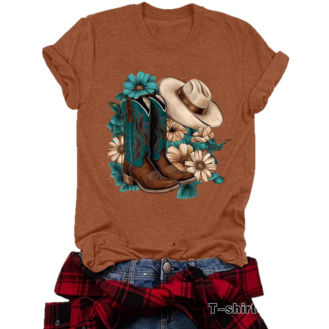 Western Short sleeved women's t-shirt with boots & hats