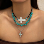 Vintage imitation turquoise collarbone chain niche bead necklace set ethnic style cactus necklace