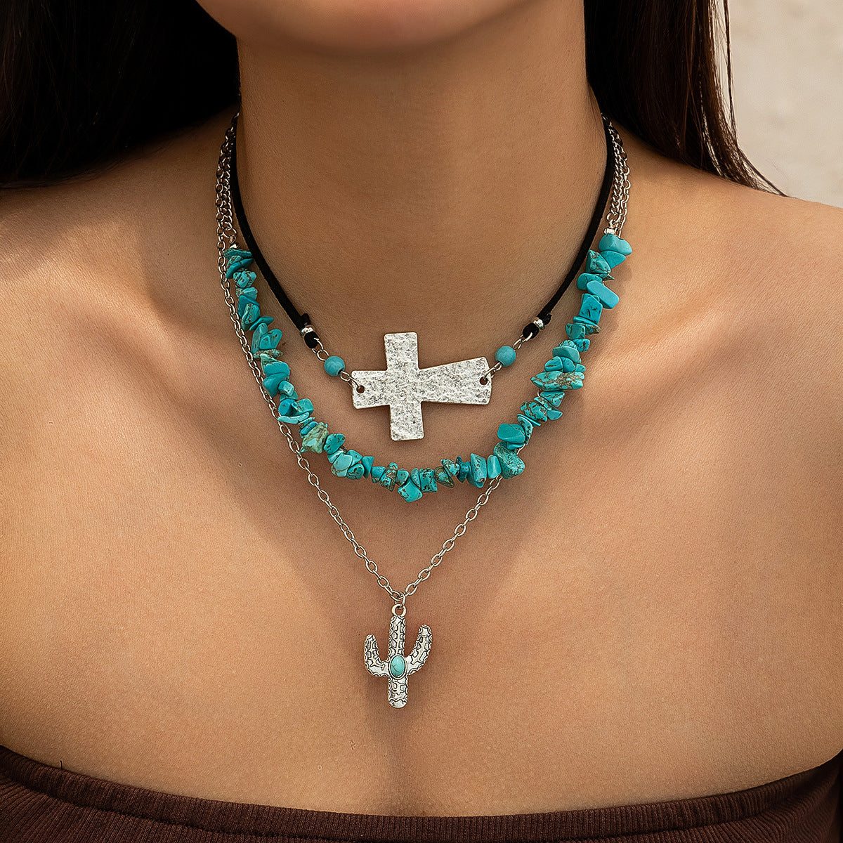 Vintage imitation turquoise collarbone chain niche bead necklace set ethnic style cactus necklace
