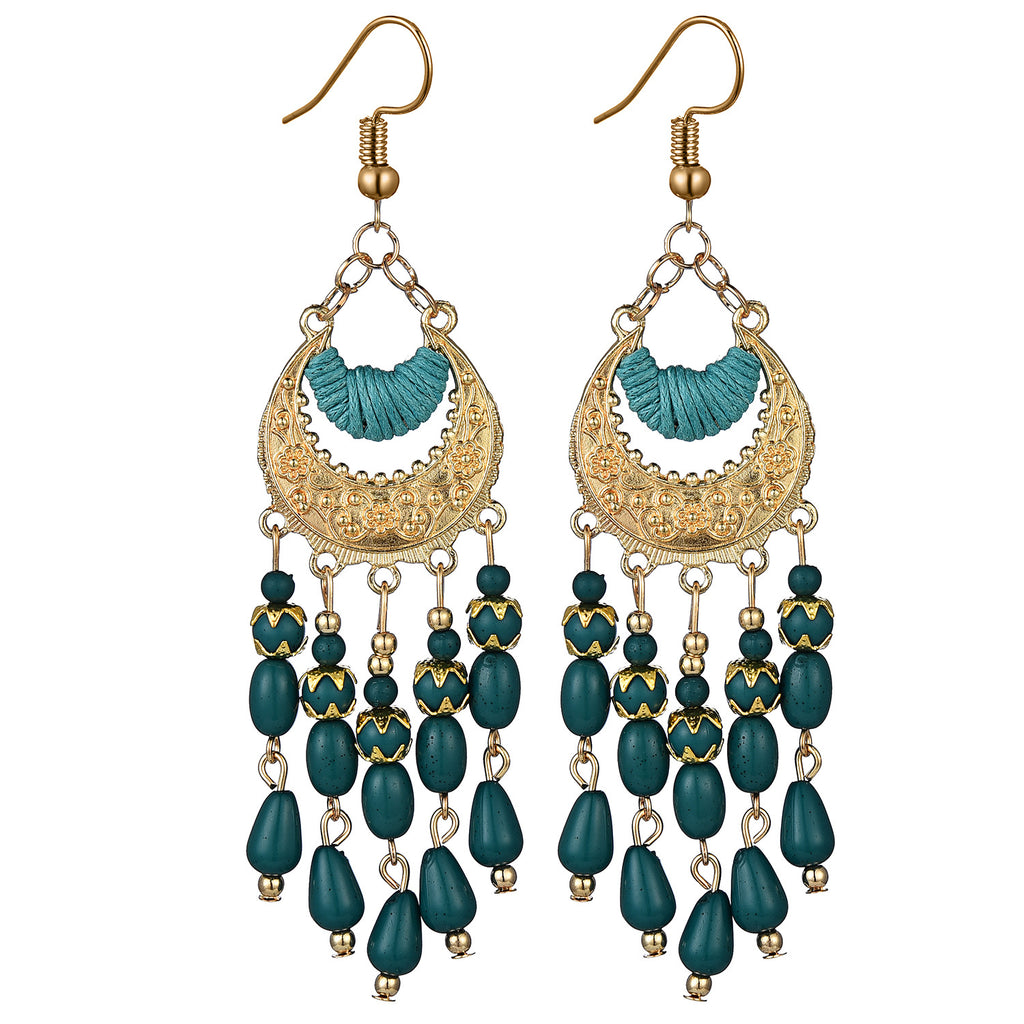 Bohemian Ethnic Earrings Long Vintage Tassel Bead Earrings Carved Earrings