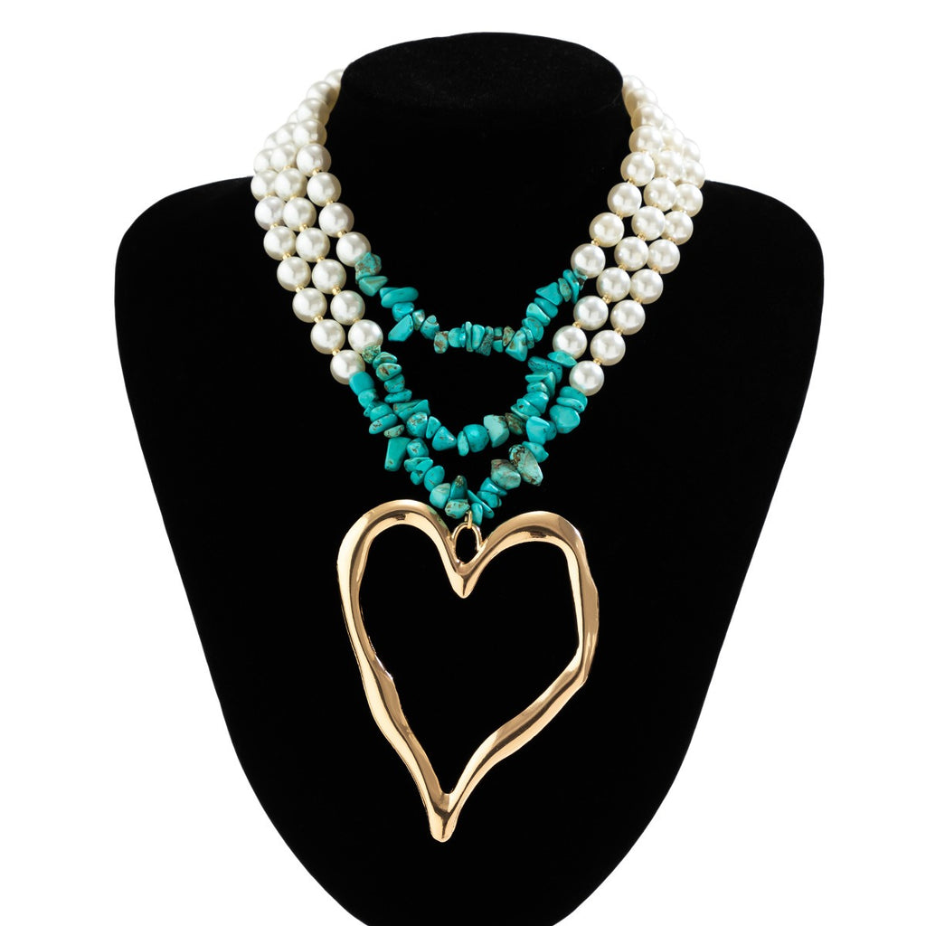 European and American retro multi-layered big love turquoise necklace niche beaded imitation pearl jewelry