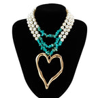 European and American retro multi-layered big love turquoise necklace niche beaded imitation pearl jewelry