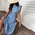Summer Printed Women Midi Skirt European And American High Waist Small Flying Sleeve Floral Dress